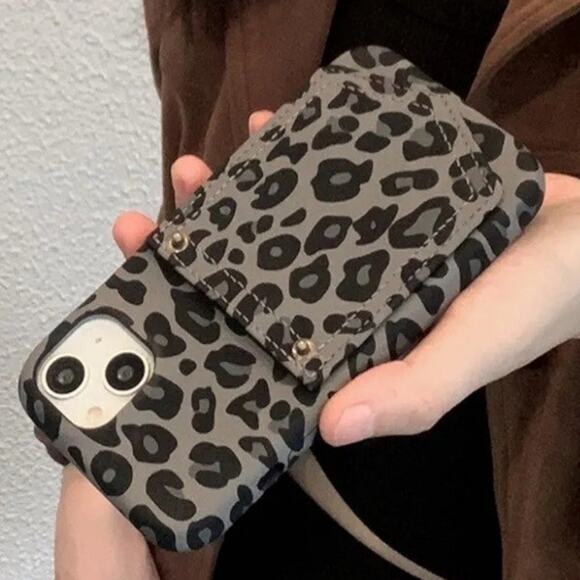 iPhone15 Fashion Card Holder Phone Case Cover Gray Animal Print - Picture 1 of 3